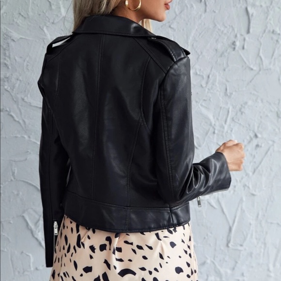 Vegan leather motorcycle jacket black sexy fall - Picture 2 of 3